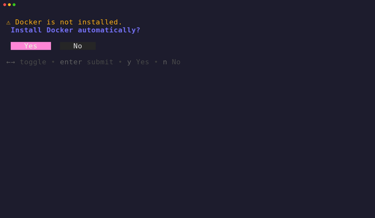 The wizard offering to install Docker automatically